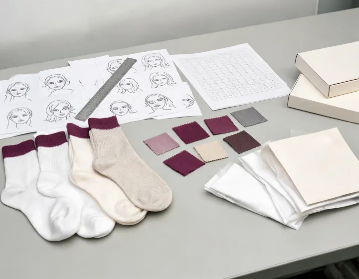 Sock samples beside face artwork and a sizing worksheet