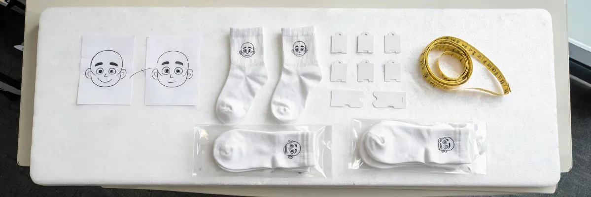 Sock sample approval board with artwork revisions and measurement notes