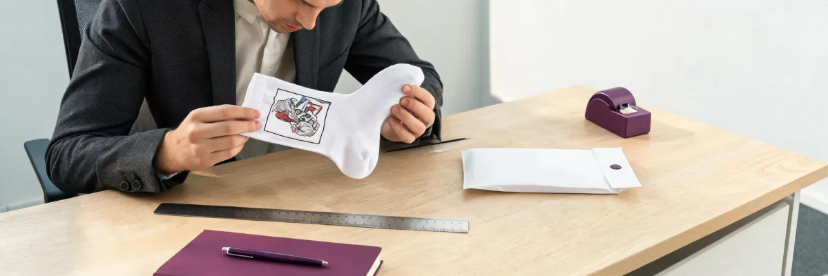 Sourcing reviewer comparing a sock proof with physical samples
